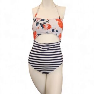 Cupshe striped and floral cutout one-piece swimsuit size large navy white orange